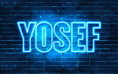 Yosef, 4k, les papiers peints avec les noms, le texte horizontal, Yosef nom, bleu n&#233;on, une photo avec le nom de Yossef