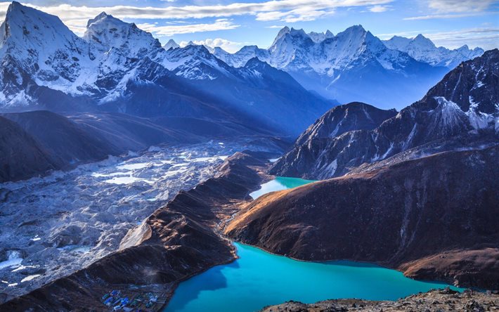 laghi di montagna, ghiacciaio, montagna, paesaggio, laghi glaciali, veduta aerea, Himalaya, India