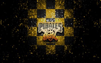 Pittsburgh Pirates, glitter logotipo, MLB, amarelo preto fundo quadriculado, EUA, americana time de beisebol, Pittsburgh Pirates logotipo, arte em mosaico, beisebol, Am&#233;rica