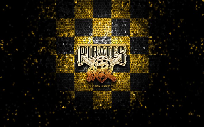 pittsburgh pirates, glitter, logo, mlb, gelb-schwarz-karierten hintergrund, usa, amerikanische baseball-team, die pittsburgh pirates logo -, mosaik-kunst, baseball, amerika