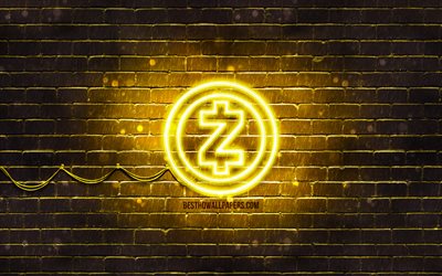 Zcash yellow logo, 4k, yellow brickwall, Zcash logo, cryptocurrency, Zcash neon logo, cryptocurrency signs, Zcash