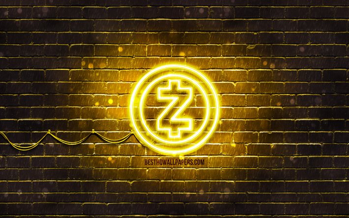 Zcash黄ロゴ, 4k, 黄brickwall, Zcashロゴ, cryptocurrency, Zcashネオンのロゴ, cryptocurrency看板, Zcash