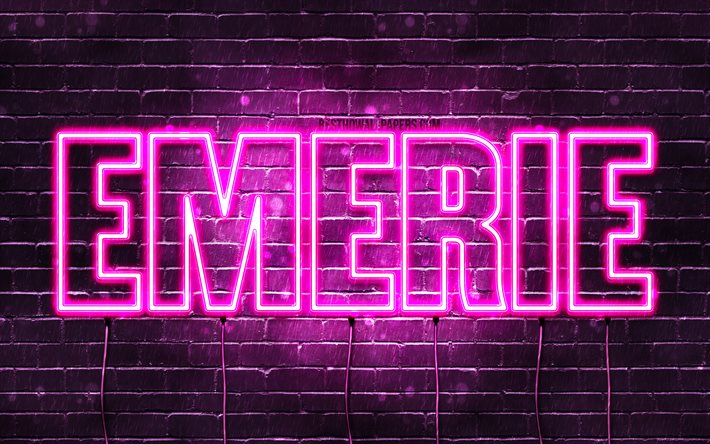 Emerie, 4k, wallpapers with names, female names, Emerie name, purple neon lights, horizontal text, picture with Emerie name