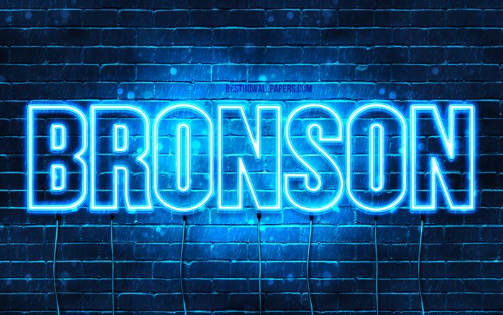 Bronson, 4k, wallpapers with names, horizontal text, Bronson name, blue neon lights, picture with Bronson name