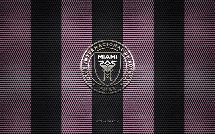 Inter Miami CF logo, American soccer club, metal emblem, pink-black metal mesh background, Inter Miami CF, NHL, Miami, Florida, USA, soccer