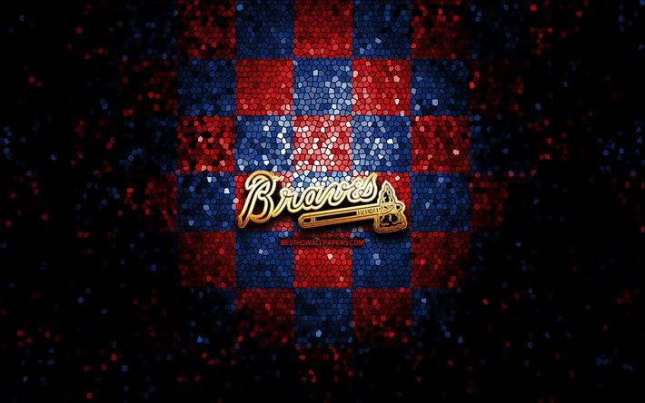 Atlanta Braves, glitter logotipo, MLB, vermelho azul fundo quadriculado, EUA, americana time de beisebol, Atlanta Braves logotipo, arte em mosaico, beisebol, Am&#233;rica