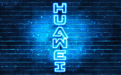 4K, Huawei mavi logo, dikey Metin, Mavi brickwall, Huawei neon logo, yaratıcı, Huawei logosu, sanat, Huawei