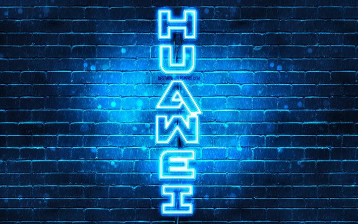 4K, Huawei bleu logo, texte vertical, bleu brickwall, Huawei n&#233;on logo, cr&#233;ation, logo Huawei, œuvres d&#39;art, Huawei