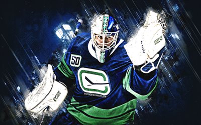 Jacob Markstrom, Vancouver Canucks, NHL, Swedish hockey player, goalkeeper, portrait, blue stone background, hockey, National Hockey League