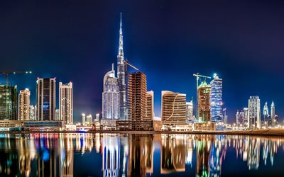 Dubai, Burj Khalifa, natt, skyskrapor, Dubais stadssilhuett, stadens ljus, F&#246;renade ARABEMIRATEN, Dubai p&#229; natten