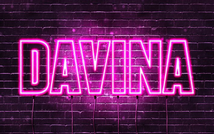 Davina, 4k, adları Davina adı ile, Bayan isimleri, Davina adı, mor neon ışıkları, yatay metin, resim ile duvar kağıtları