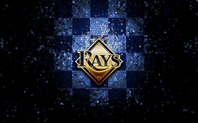 Tampa Bay Rays, glitter logo, MLB, blue checkered background, USA, american baseball team, Tampa Bay Rays logo, mosaic art, baseball, America