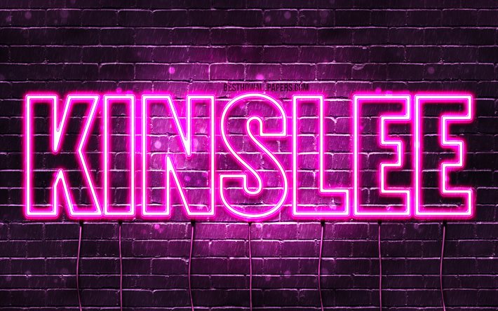 Kinslee, 4k, wallpapers with names, female names, Kinslee name, purple neon lights, horizontal text, picture with Kinslee name