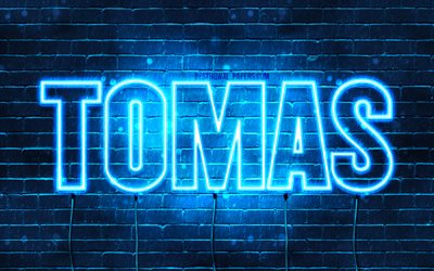 Tomas, 4k, wallpapers with names, horizontal text, Tomas name, blue neon lights, picture with Tomas name