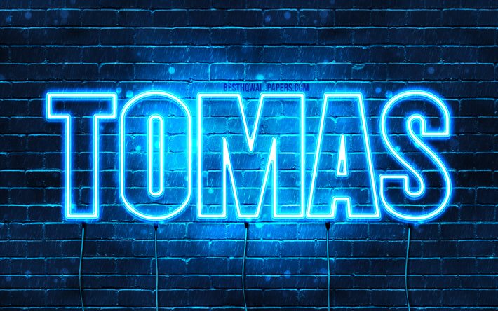 Tom&#225;s, 4k, fondos de pantalla con los nombres, el texto horizontal, Tomas nombre, luces azules de ne&#243;n, imagen con Tomas nombre