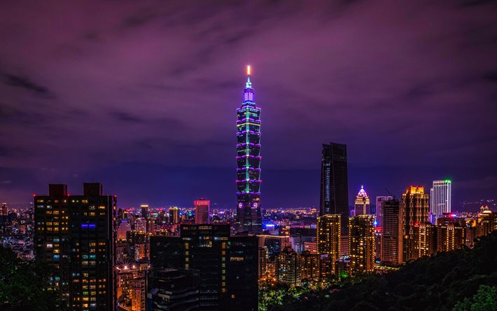 4k, le Taipei 101, les paysages nocturnes, des b&#226;timents modernes, des gratte-ciel, &#224; Taiwan, en Asie, le Taipei 101 la nuit, la Chine, les villes asiatiques