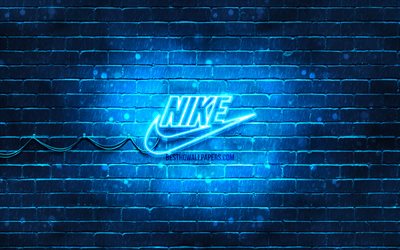 Nike blue logo, 4k, blue brickwall, Nike logo, sports brands, Nike neon logo, Nike