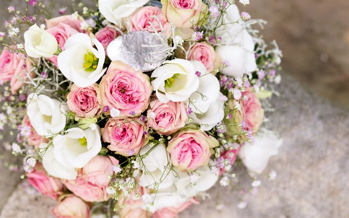 bouquet da sposa, bouquet di rosa e rose bianche, concetti di nozze, bouquet di rose, fiori, nozze, rose