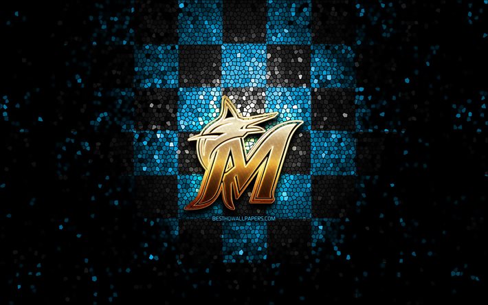 Miami Marlins nya logotyp, 2020, glitter logotyp, MLB, bl&#229;-svart-rutig bakgrund, USA, Miami Marlins, amerikansk baseball team, Miami Marlins logotyp, mosaik konst, baseball, Amerika