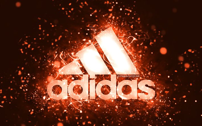 Adidas orange logo, 4k, orange neon lights, creative, orange abstract background, Adidas logo, brands, Adidas