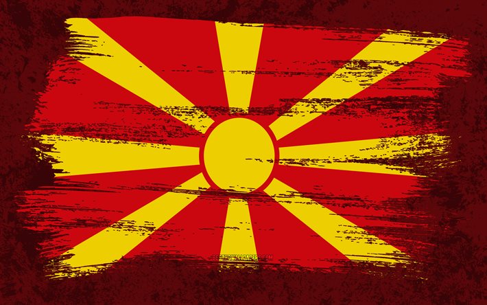 4k, Nordmakedoniens flagga, grungeflaggor, europeiska l&#228;nder, nationella symboler, penselslag, makedonisk flagga, grungekonst, Europa, Nordmakedonien
