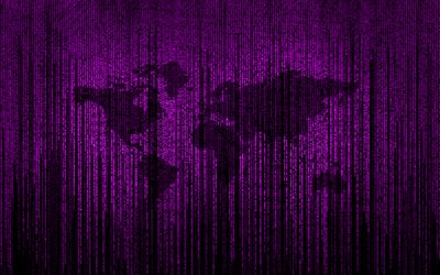 mappa del mondo viola, sfondo digitale viola, concetti di mappa del mondo, mappa del mondo digitale, concetti di matrice, arte digitale