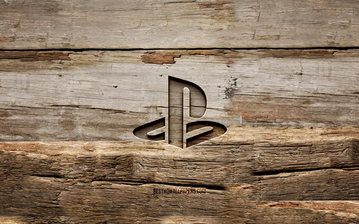 PlayStation wooden logo, 4K, wooden backgrounds, brands, PlayStation logo, creative, wood carving, PlayStation