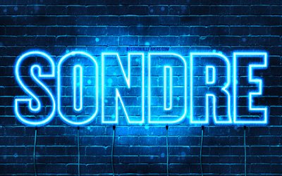 Sondre, 4k, fonds d&#39;&#233;cran avec des noms, nom de Sondre, n&#233;ons bleus, joyeux anniversaire Sondre, noms masculins norv&#233;giens populaires, photo avec le nom de Sondre