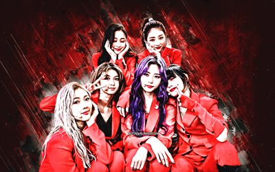 Dreamcatcher, MINX, South Korean group, K-pop, red stone background, JiU, SuA, Siyeon, Handong, Yoohyeon, Dami, Gahyeon
