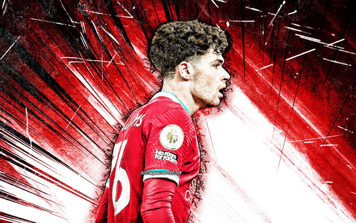 4k, Neco Williams, grunge art, Liverpool FC, Welsh footballers, soccer, Premier League, Neco Shay Williams, footaball, red abstract rays, Neco Williams Liverpool, Neco Williams 4K