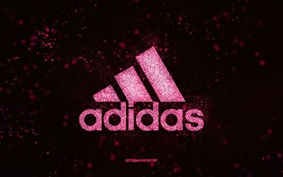 Adidas glitter-logo, musta tausta, Adidas-logo, pinkki kimallustaide, Adidas, creative art, Adidas-vaaleanpunainen kimallus-logo
