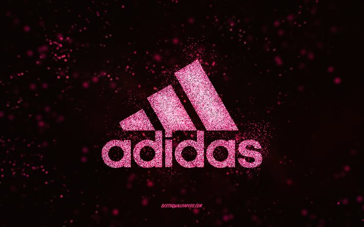Adidas glitterlogotyp, svart bakgrund, Adidas logotyp, rosa glitterkonst, Adidas, kreativ konst, Adidas rosa glitterlogotyp
