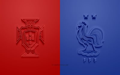 Portogallo vs Francia, UEFA Euro 2020, Gruppo F, loghi 3D, sfondo rosso blu, Euro 2020, partita di calcio, squadra nazionale di calcio svizzera, calcio francenazionale Portogallo