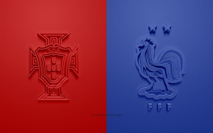 Portogallo vs Francia, UEFA Euro 2020, Gruppo F, loghi 3D, sfondo rosso blu, Euro 2020, partita di calcio, squadra nazionale di calcio svizzera, calcio francenazionale Portogallo