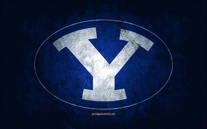 Brigham Young Cougars, time de futebol americano, fundo azul, logotipo do Brigham Young Cougars, arte do grunge, NCAA, futebol americano, EUA, emblema do Brigham Young Cougars