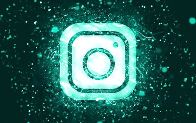 Instagram turquoise logo, 4k, turquoise neon lights, creative, turquoise abstract background, Instagram logo, social network, Instagram