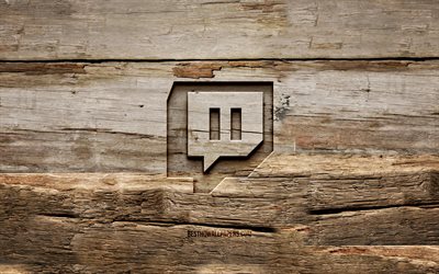 Logo in legno Twitch, 4K, sfondi in legno, social network, logo Twitch, creativo, intaglio del legno, Twitch