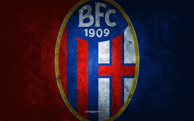 fc bologna, italienische fu&#223;ballmannschaft, rot-blauer hintergrund, logo von bologna fc, grunge-kunst, serie a, fu&#223;ball, italien, emblem von fc bologna