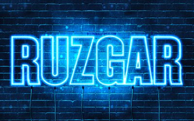 Ruzgar, 4k, pap&#233;is de parede com nomes, nome de Ruzgar, luzes de n&#233;on azuis, Feliz Anivers&#225;rio Ruzgar, nomes masculinos turcos populares, imagem com o nome de Ruzgar