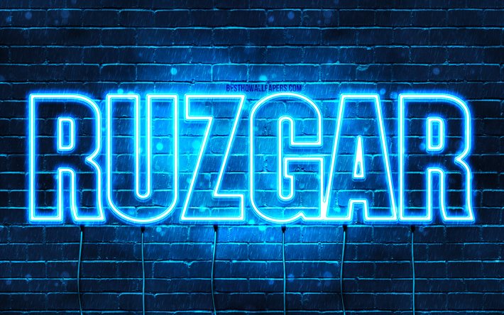 Ruzgar, 4k, fonds d&#39;&#233;cran avec des noms, nom de Ruzgar, n&#233;ons bleus, joyeux anniversaire Ruzgar, noms masculins turcs populaires, photo avec le nom de Ruzgar