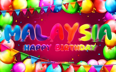 Joyeux anniversaire Malaisie, 4k, cadre ballon color&#233;, nom de la Malaisie, fond violet, Malaisie joyeux anniversaire, anniversaire de la Malaisie, noms f&#233;minins am&#233;ricains populaires, concept d&#39;anniversaire, Malaisie