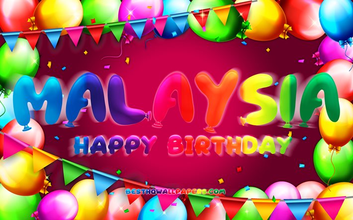 Buon compleanno Malesia, 4K, cornice palloncino colorato, nome Malesia, sfondo viola, buon compleanno Malesia, compleanno Malesia, nomi femminili americani popolari, concetto di compleanno, Malesia