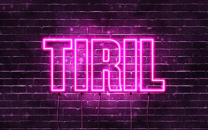 Tiril, 4k, pap&#233;is de parede com nomes, nomes femininos, nome de Tiril, luzes de n&#233;on roxas, Feliz Anivers&#225;rio Tiril, nomes femininos populares da Noruega, imagem com o nome de Tiril