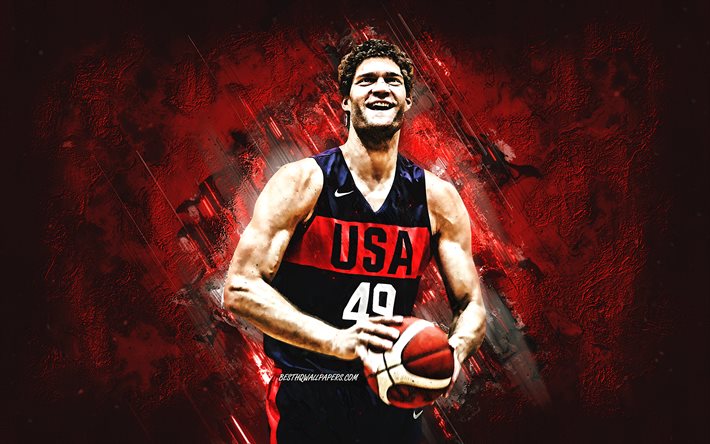 Brook Lopez, USA national basketball team, USA, American basketball player, portrait, United States Basketball team, red stone background