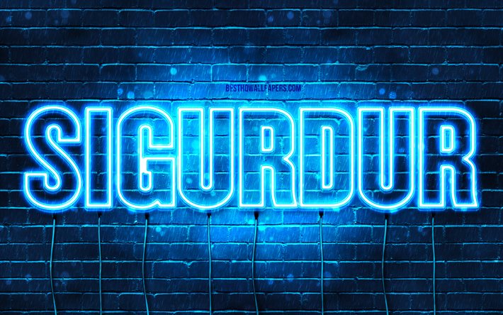Sigurdur, 4k, sfondi con nomi, nome di Sigurdur, luci al neon blu, buon compleanno Sigurdur, nomi maschili islandesi popolari, immagine con nome di Sigurdur