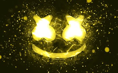 Marshmello sarı logosu, 4k, Christopher Comstock, sarı neon ışıkları, yaratıcı, sarı arka plan, DJ Marshmello, Marshmello logosu, amerikan DJ&#39;ler, Marshmello
