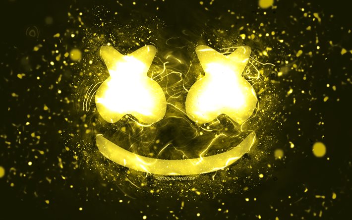 Logotipo amarelo Marshmello, 4k, Christopher Comstock, luzes de n&#233;on amarelas, criativo, fundo abstrato amarelo, DJ Marshmello, logotipo Marshmello, DJs americanos, Marshmello