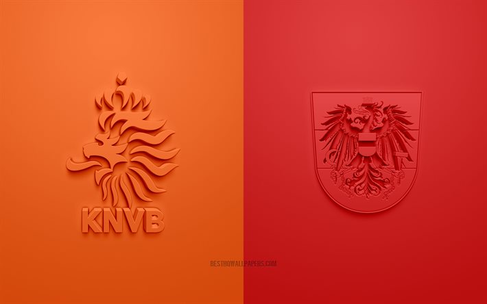 Holanda x &#193;ustria, UEFA Euro 2020, Grupo C, logotipos 3D, fundo laranja vermelho, Euro 2020, partida de futebol, sele&#231;&#227;o holandesa de futebol, sele&#231;&#227;o austr&#237;aca de futebol
