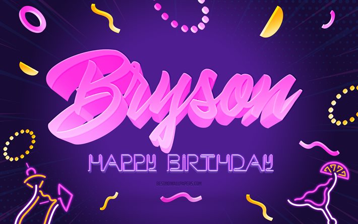 Grattis p&#229; f&#246;delsedagen Bryson, 4k, Purple Party Background, Bryson, kreativ konst, Grattis p&#229; Bryson f&#246;delsedag, Bryson name, Bryson Birthday, Birthday Party Background