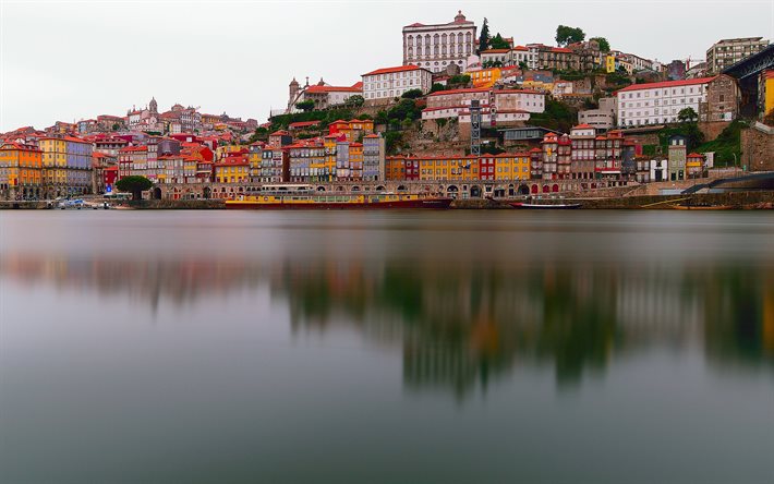 Porto, morgon, Atlanten, vik, Porto stadsbild, soluppg&#229;ng, Portugal